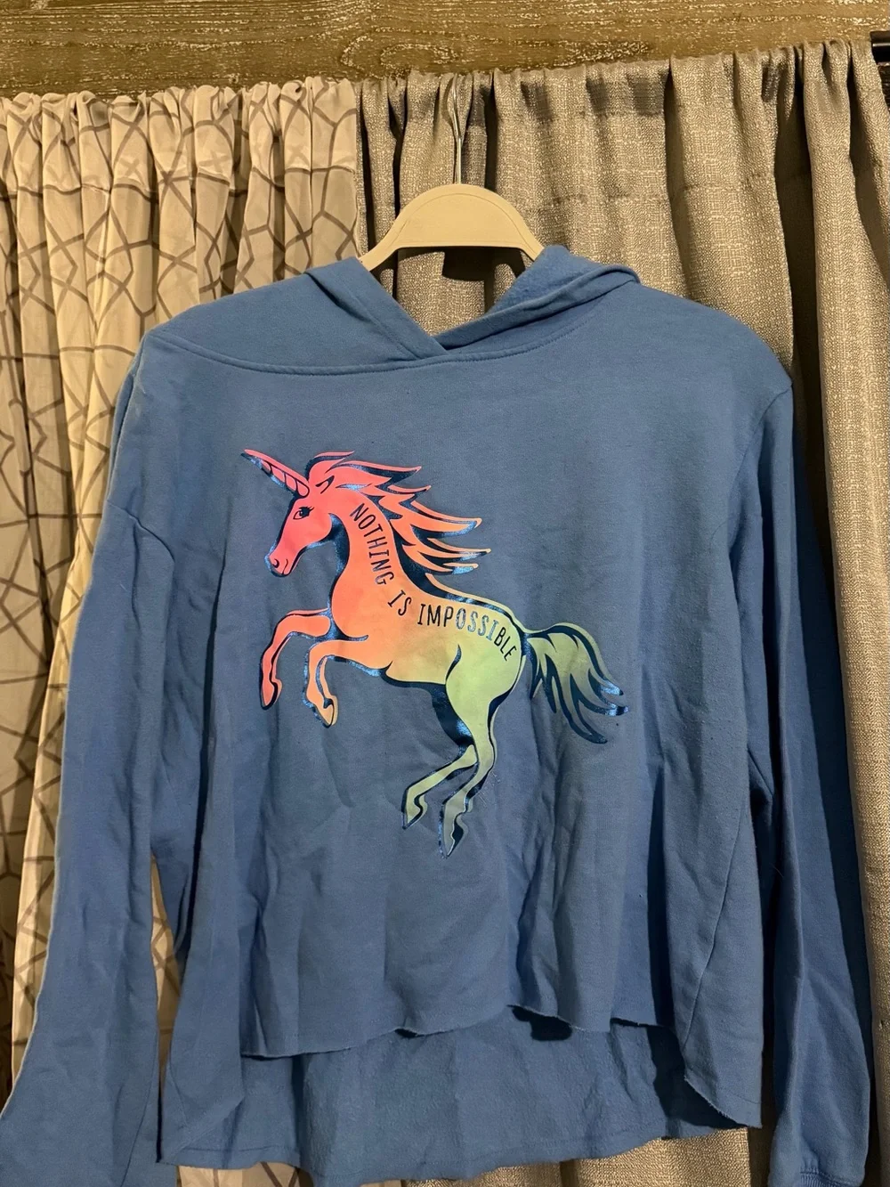 Justice Blue Hoodie with Rainbow Unicorn Graphic